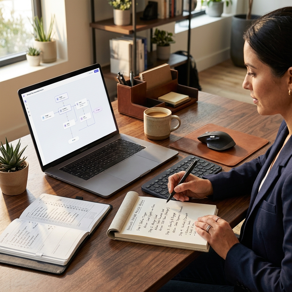 A professional workspace with a flowchart diagram on a laptop and handwritten notes