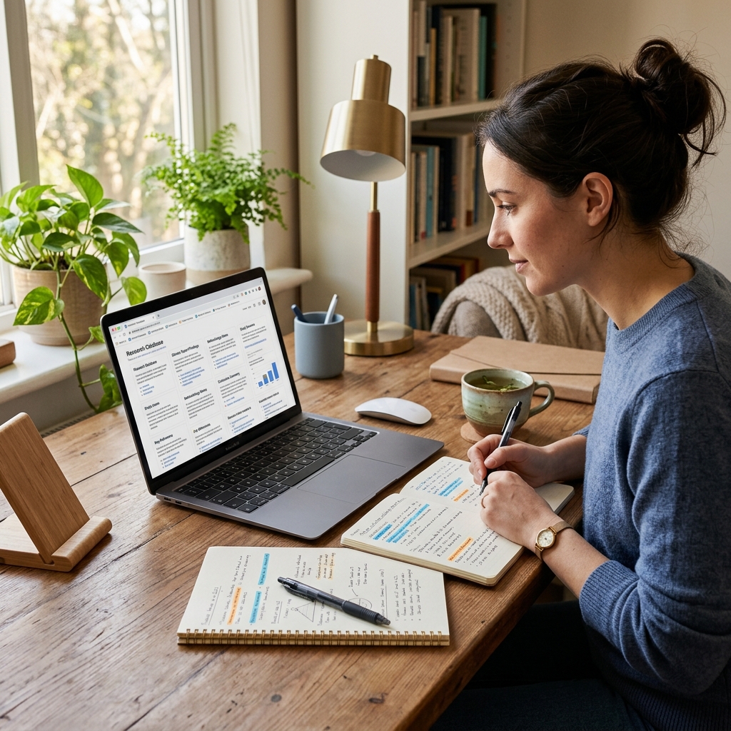 A clean and calm research desk with a laptop displaying tab summaries and structured notebooks