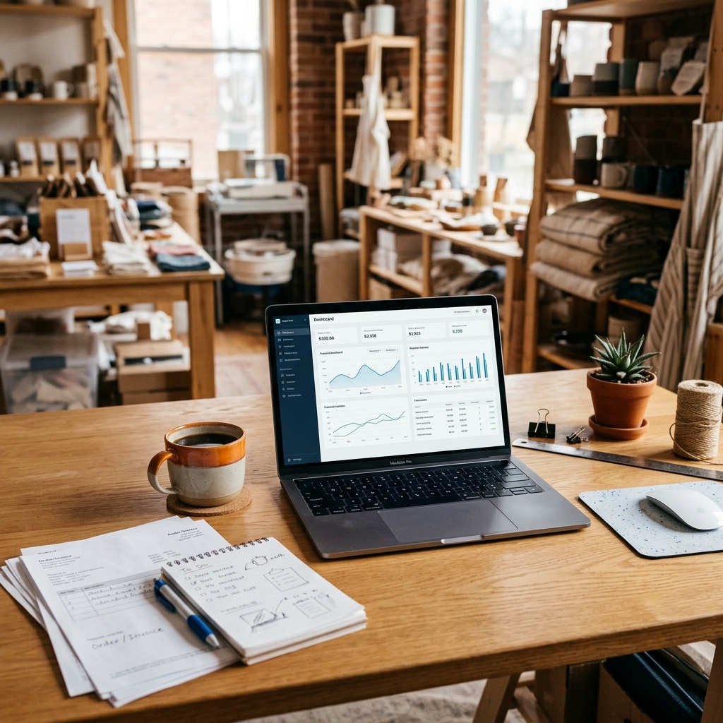 A small business owner's desk with order paperwork and laptop dashboard