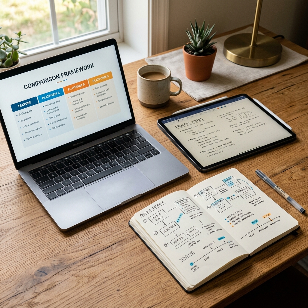 Evaluating and comparing different AI tools on screens on a desk