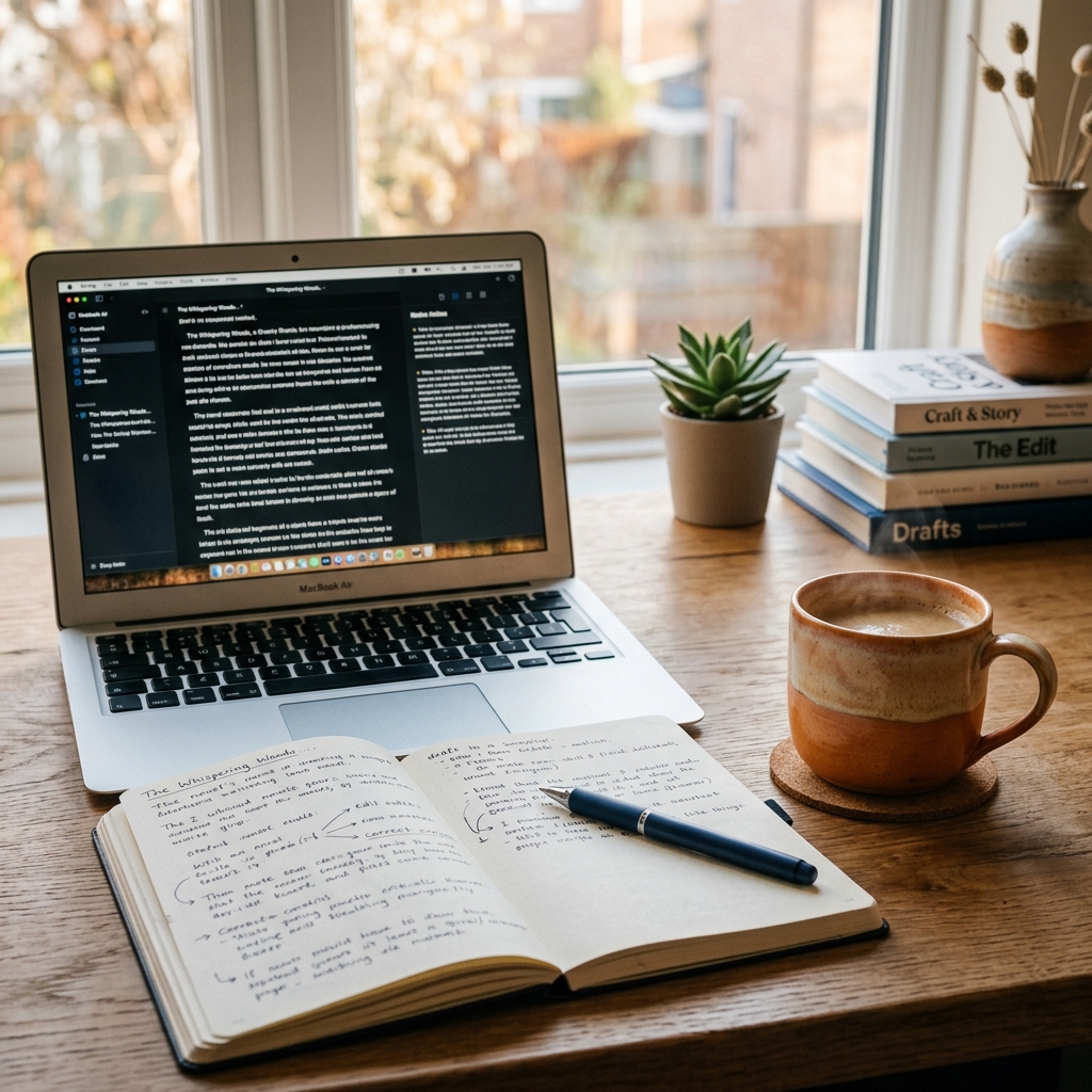 A writing desk with notebook and laptop showing text edits
