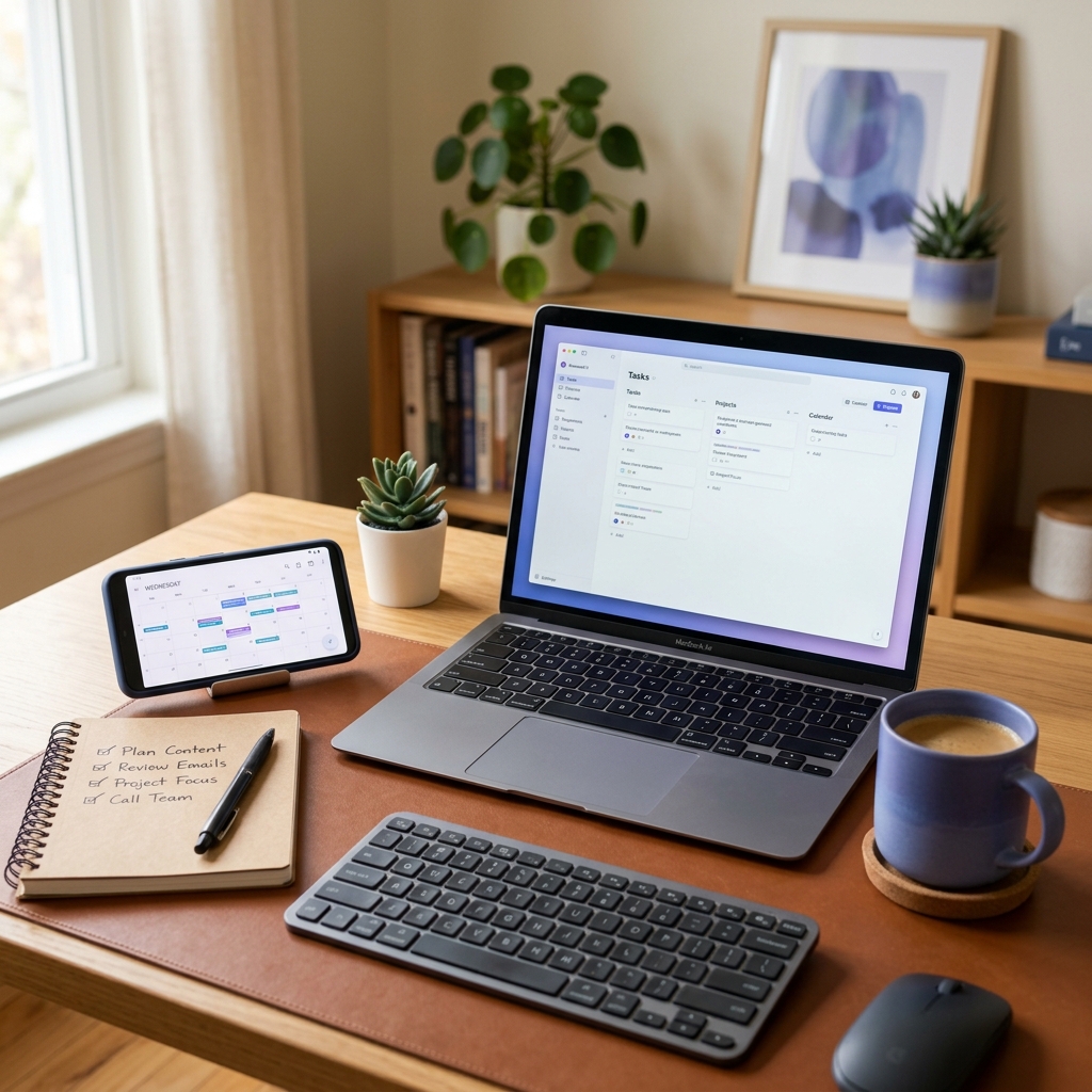 Organized workspace showing calendar on phone, notebook and laptop