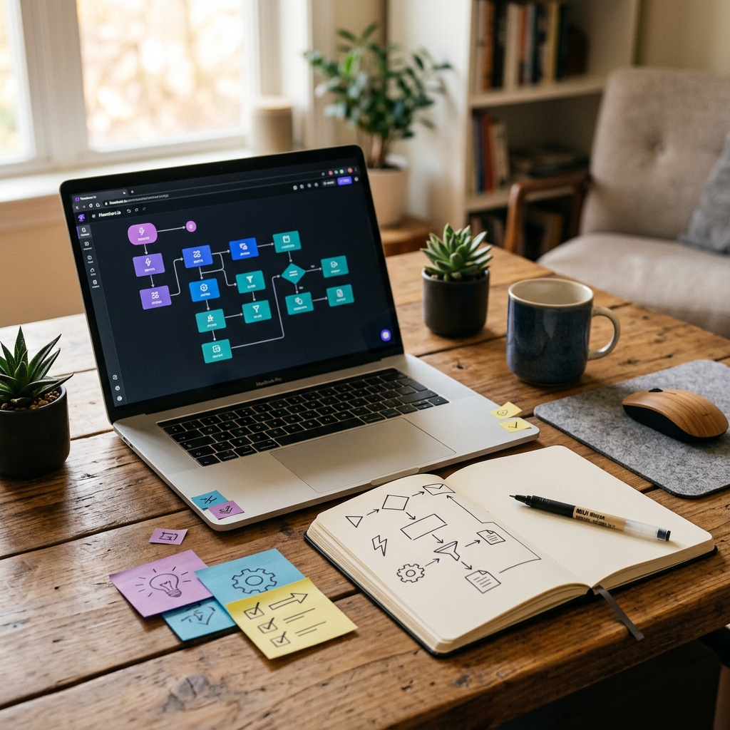 Building repeatable workflows with process diagrams, notes, and laptop